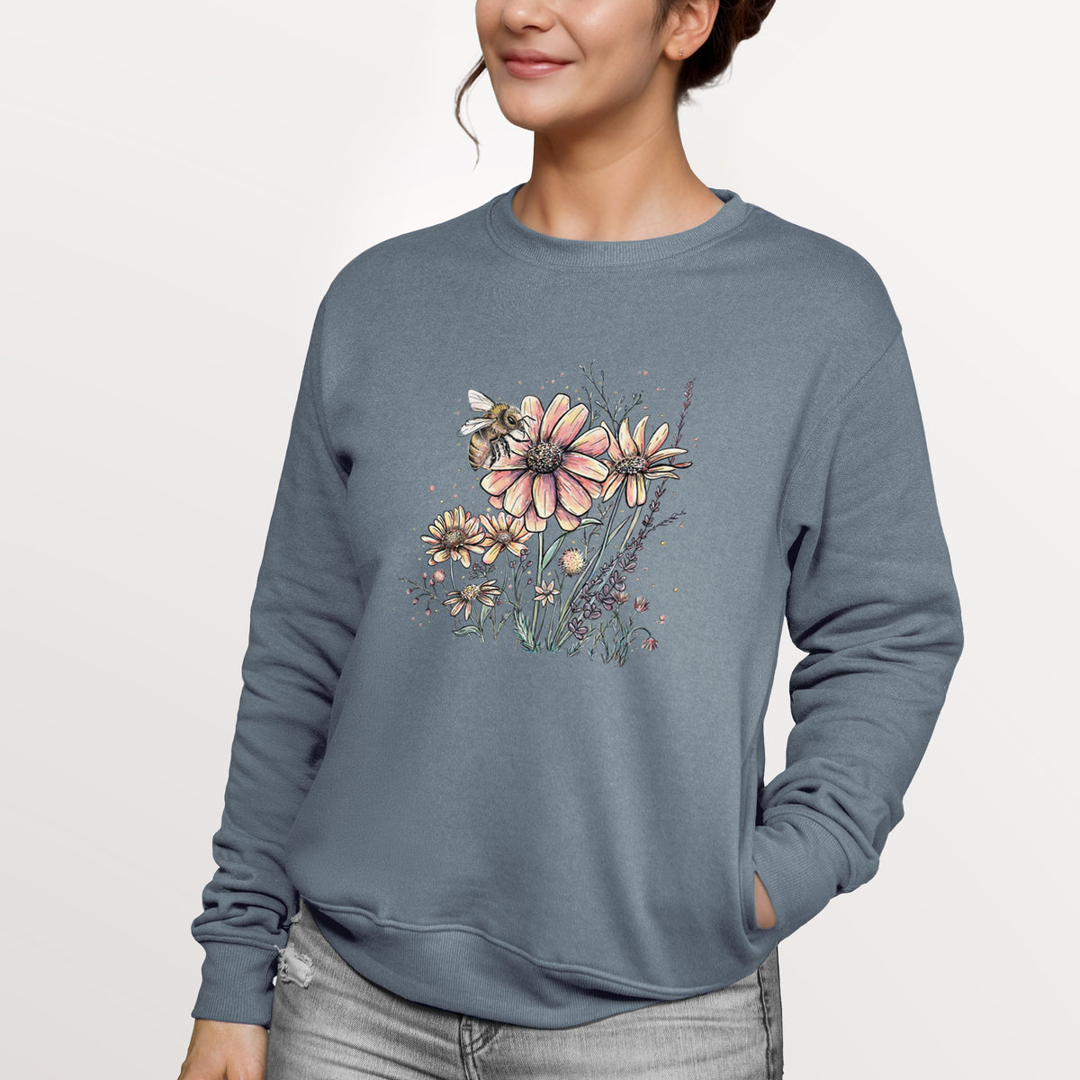 Bee with Wildflowers  - Unisex Reclaimed Crewneck Sweatshirt