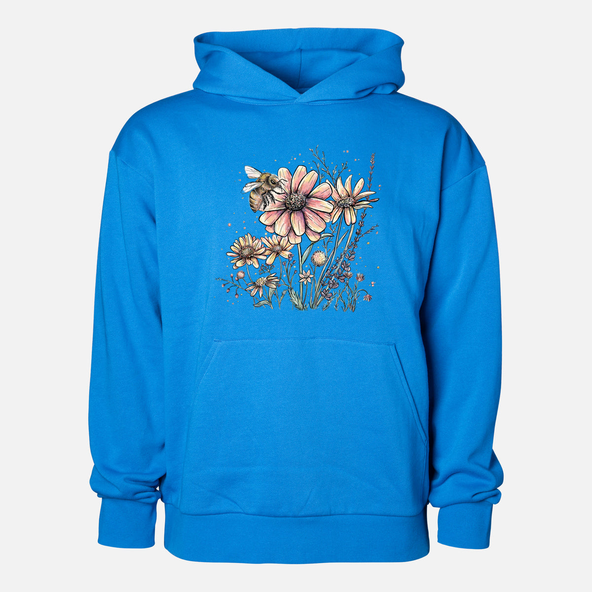 Bee with Wildflowers - Statement Midweight Hoodie in Azure Blue, shown from the front with the design printed on the chest above a front kangaroo pocket.