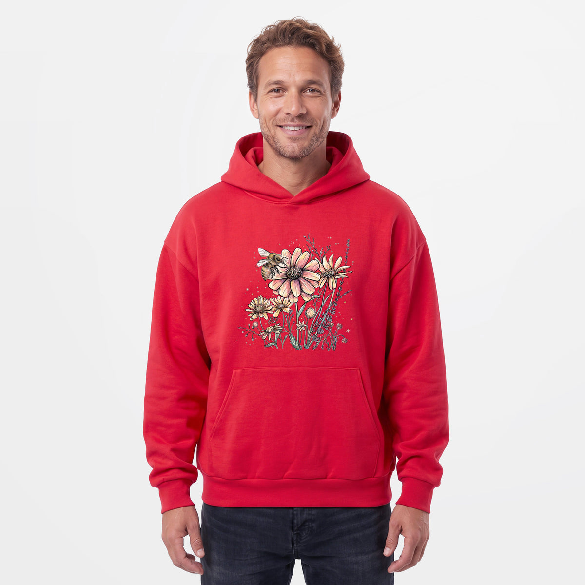 Male model wearing the Bee with Wildflowers - Statement Midweight Hoodie.