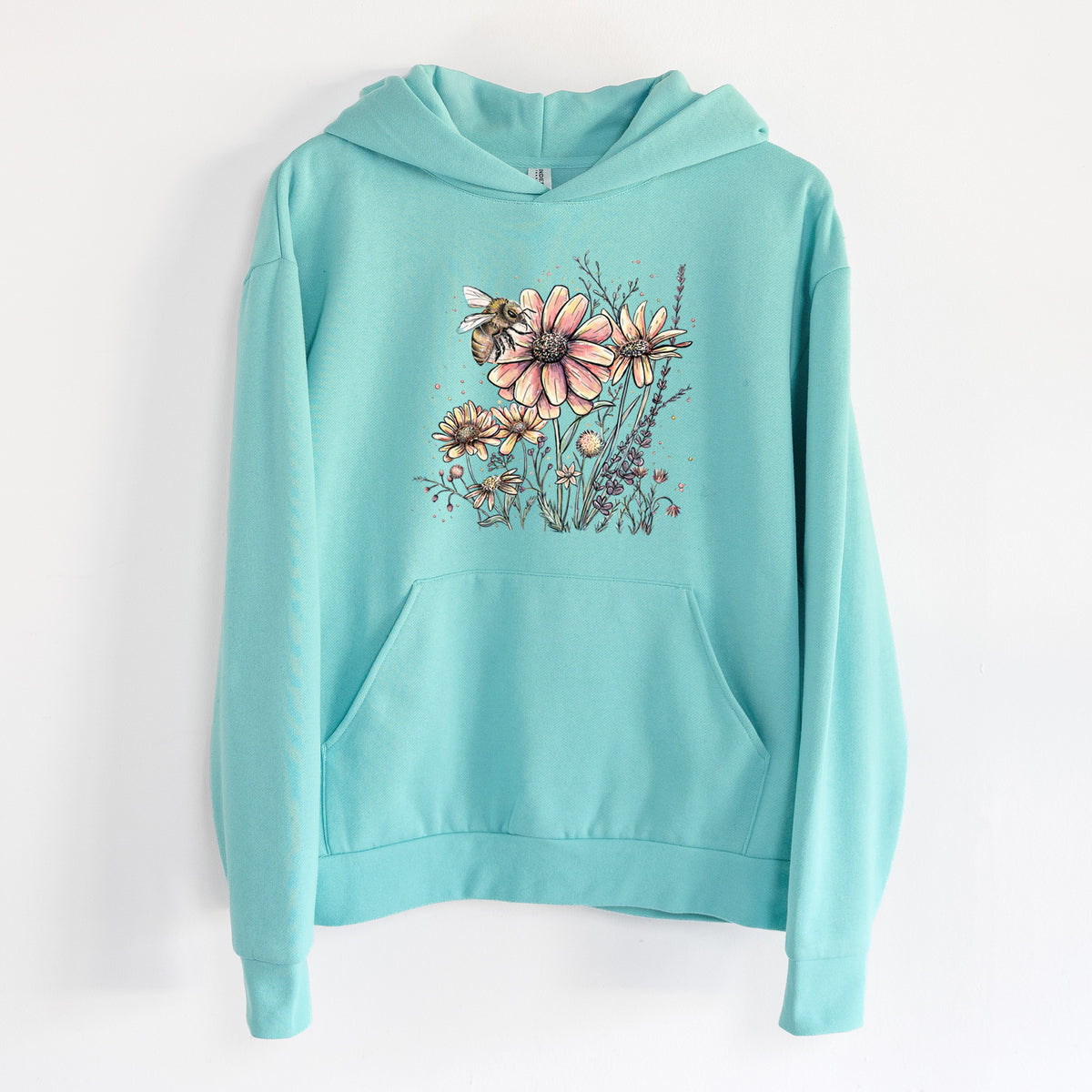 Bee with Wildflowers - Statement Midweight Hoodie in Seafoam, hanging on a white wall, with a front kangaroo pocket and no drawcords.