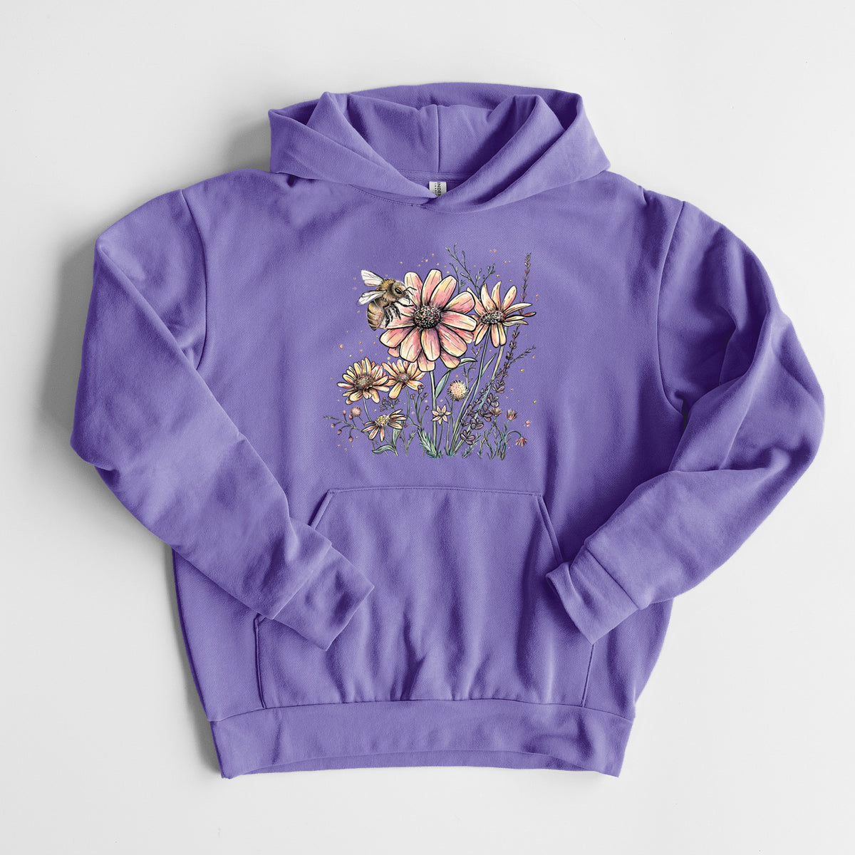 Bee with Wildflowers - Statement Midweight Hoodie in Violet, laid flat, showing the oversized boxy fit and front kangaroo pocket.