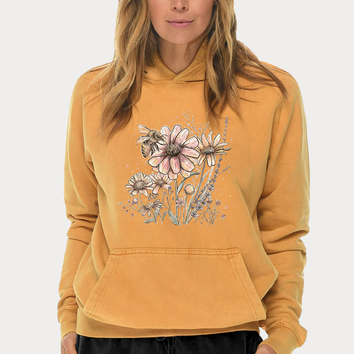 Bee with Wildflowers  - Mid-Weight Unisex Vintage 100% Cotton Hoodie