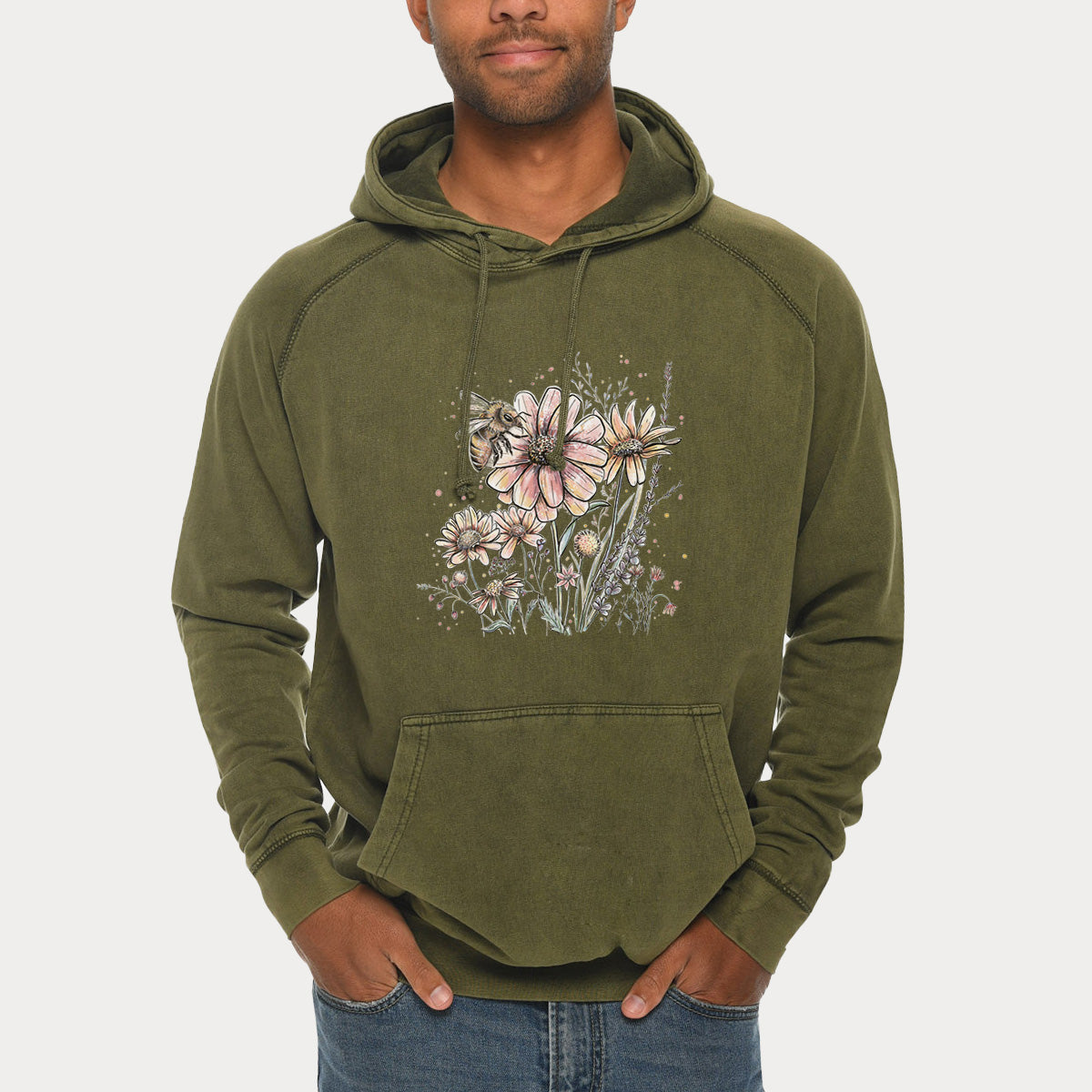 Bee with Wildflowers  - Mid-Weight Unisex Vintage 100% Cotton Hoodie