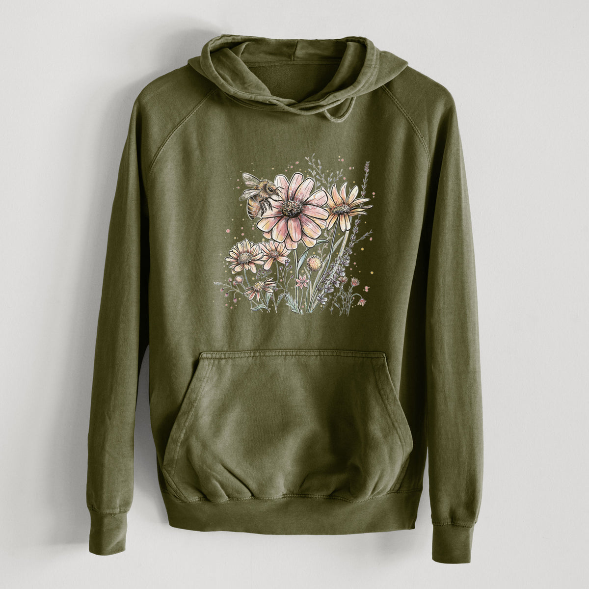 Bee with Wildflowers  - Mid-Weight Unisex Vintage 100% Cotton Hoodie