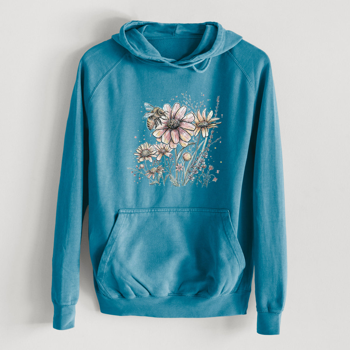 Bee with Wildflowers  - Mid-Weight Unisex Vintage 100% Cotton Hoodie