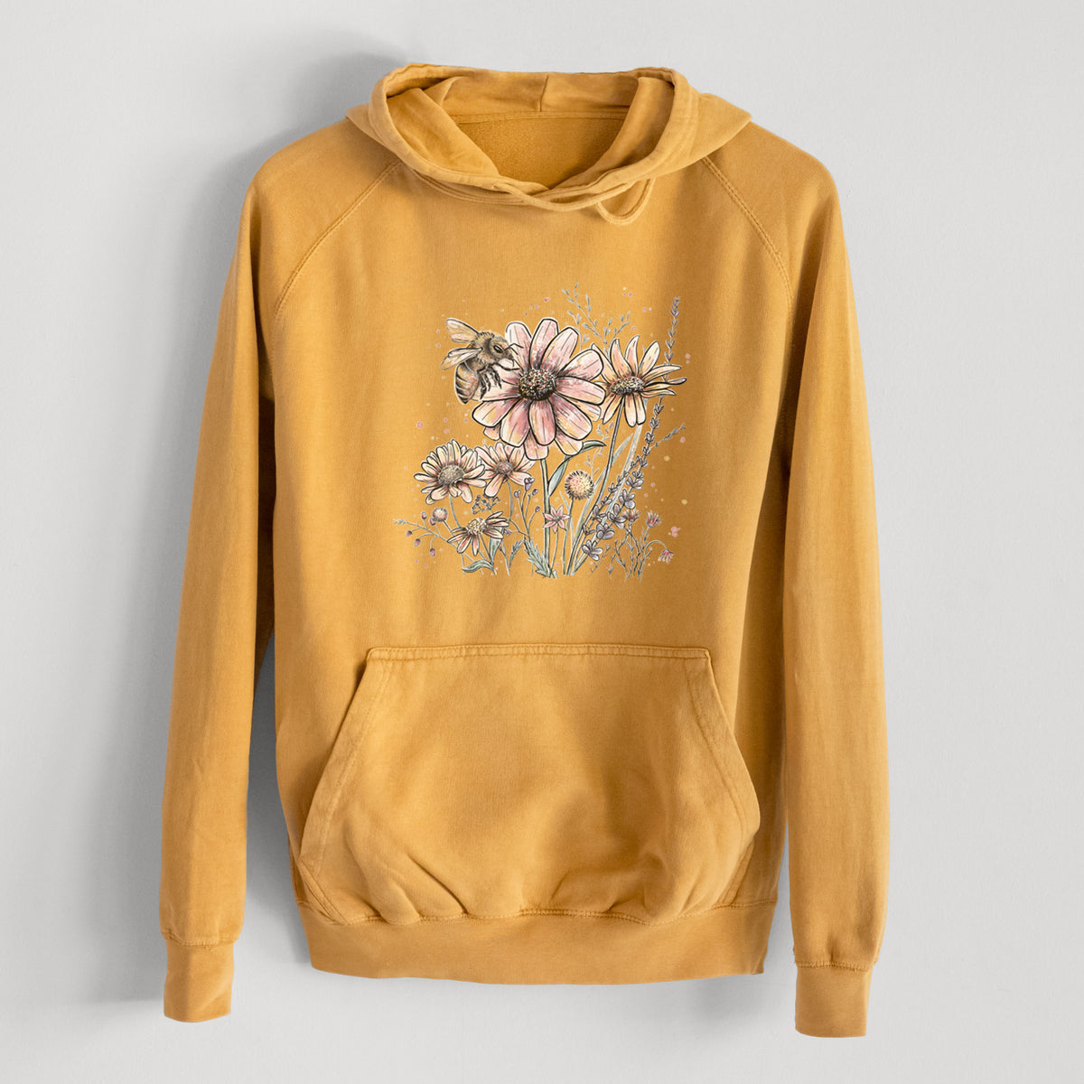 Bee with Wildflowers  - Mid-Weight Unisex Vintage 100% Cotton Hoodie