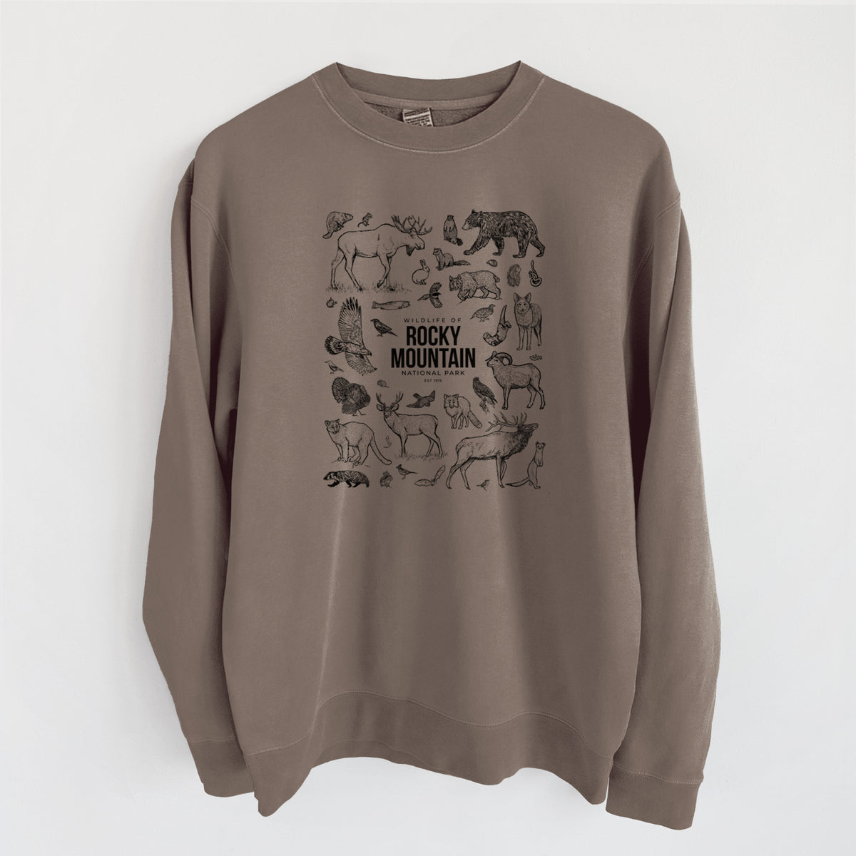 Wildlife of the Rocky Mountain National Park - Unisex Pigment Dyed Crew Sweatshirt in Espresso Brown Color