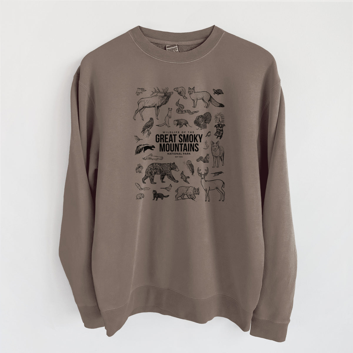 Wildlife of the Great Smoky Mountains National Park - Unisex Pigment Dyed Crew Sweatshirt in Espresso Brown Color