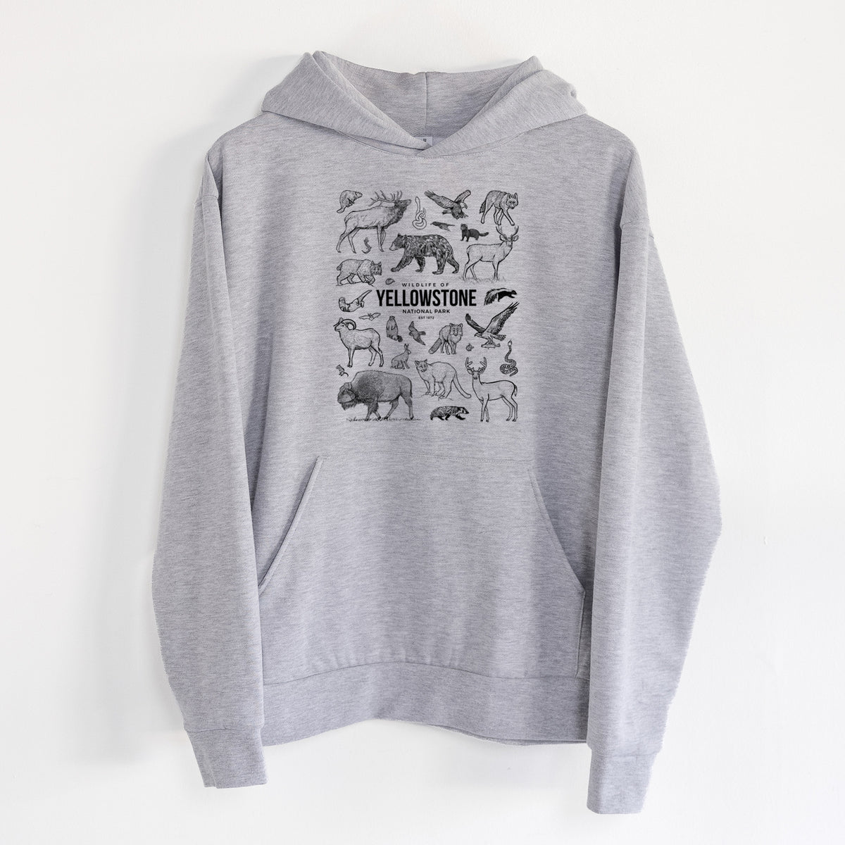 Wildlife of Yellowstone National Park - Statement Midweight Hoodie in Heather Grey, hanging on a white wall, with a front kangaroo pocket and no drawcords.