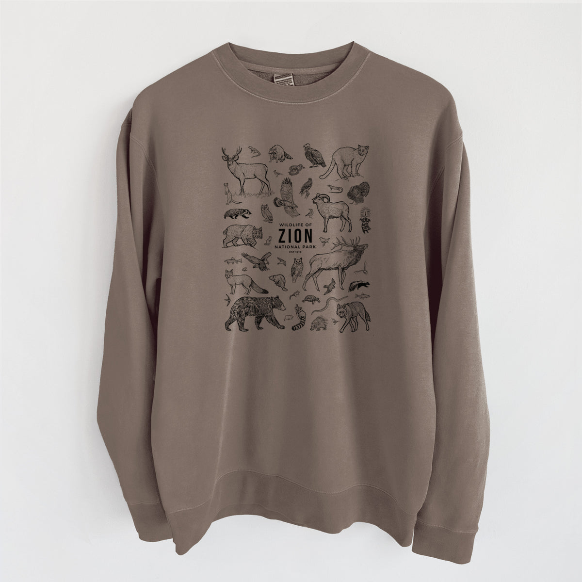 Wildlife of Zion National Park - Unisex Pigment Dyed Crew Sweatshirt in Espresso Brown Color