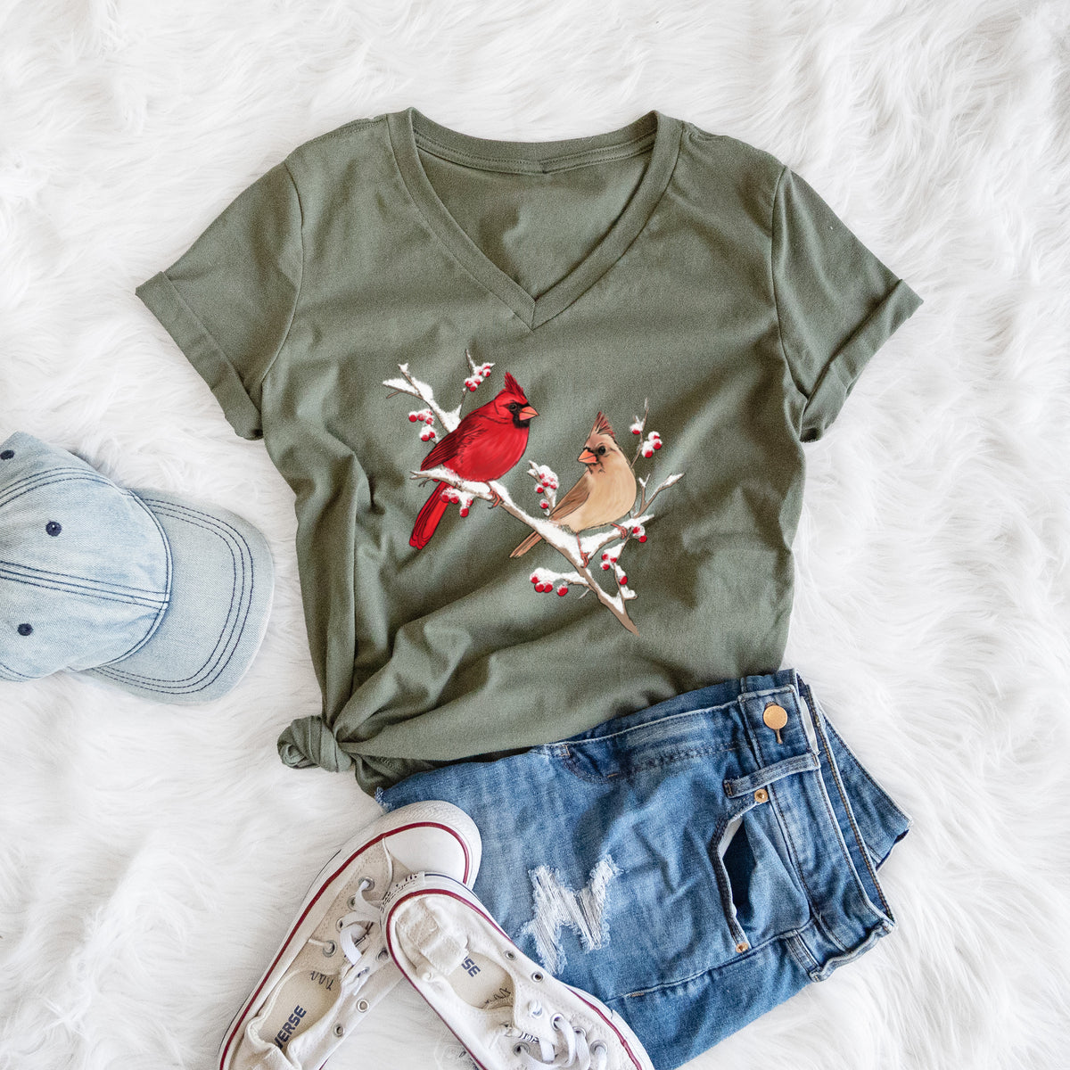 Winter Cardinals - Women&#39;s Lightweight Relaxed Fit 100% Cotton V-neck