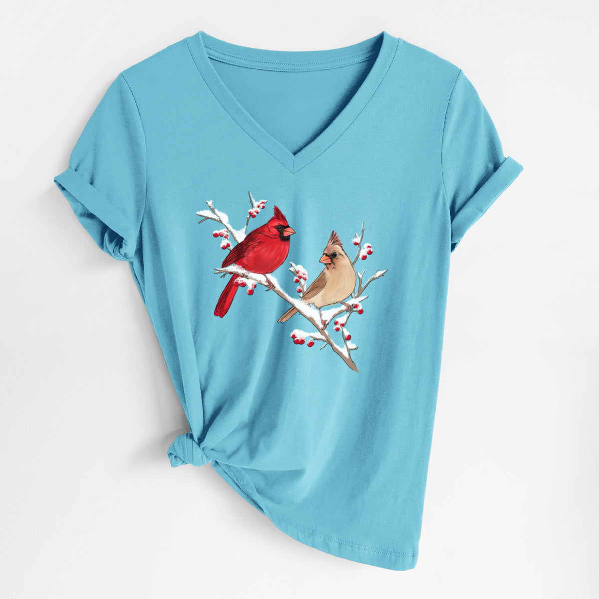Winter Cardinals - Women&#39;s Lightweight Relaxed Fit 100% Cotton V-neck