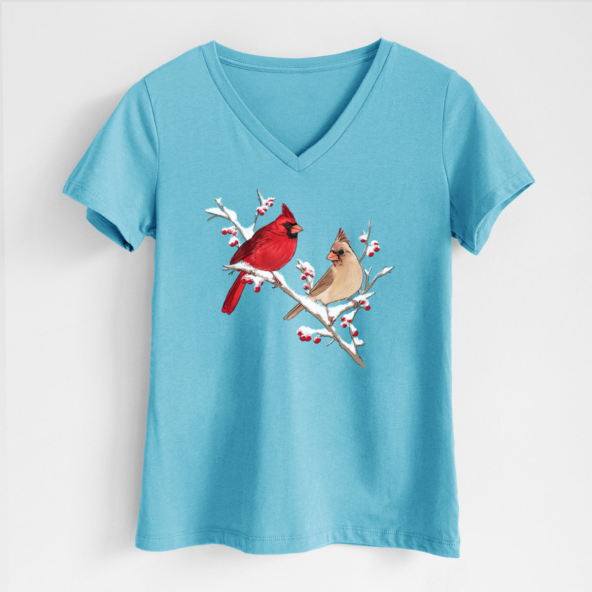 Winter Cardinals - Women&#39;s Lightweight Relaxed Fit 100% Cotton V-neck