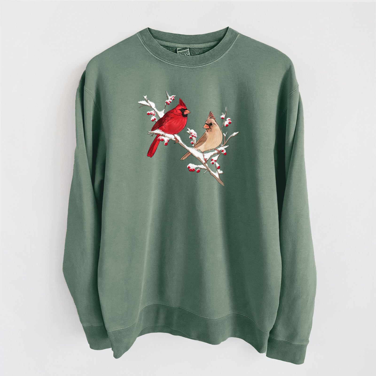 Winter Cardinals - Unisex Pigment Dyed Crew Sweatshirt in Alpine Green