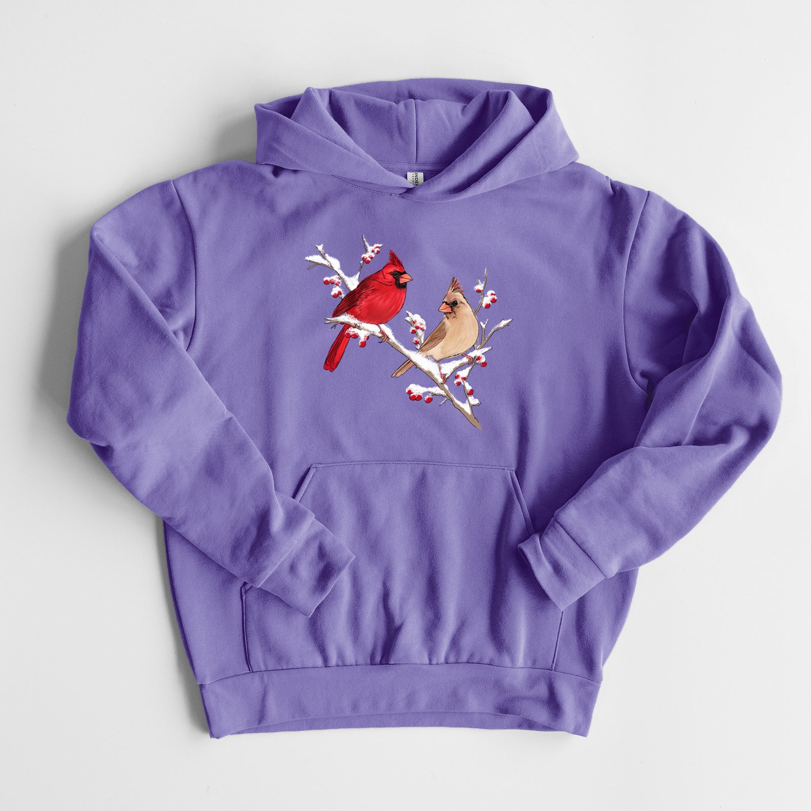 Winter Cardinals - Statement Midweight Hoodie in Violet, laid flat, showing the oversized boxy fit and front kangaroo pocket.