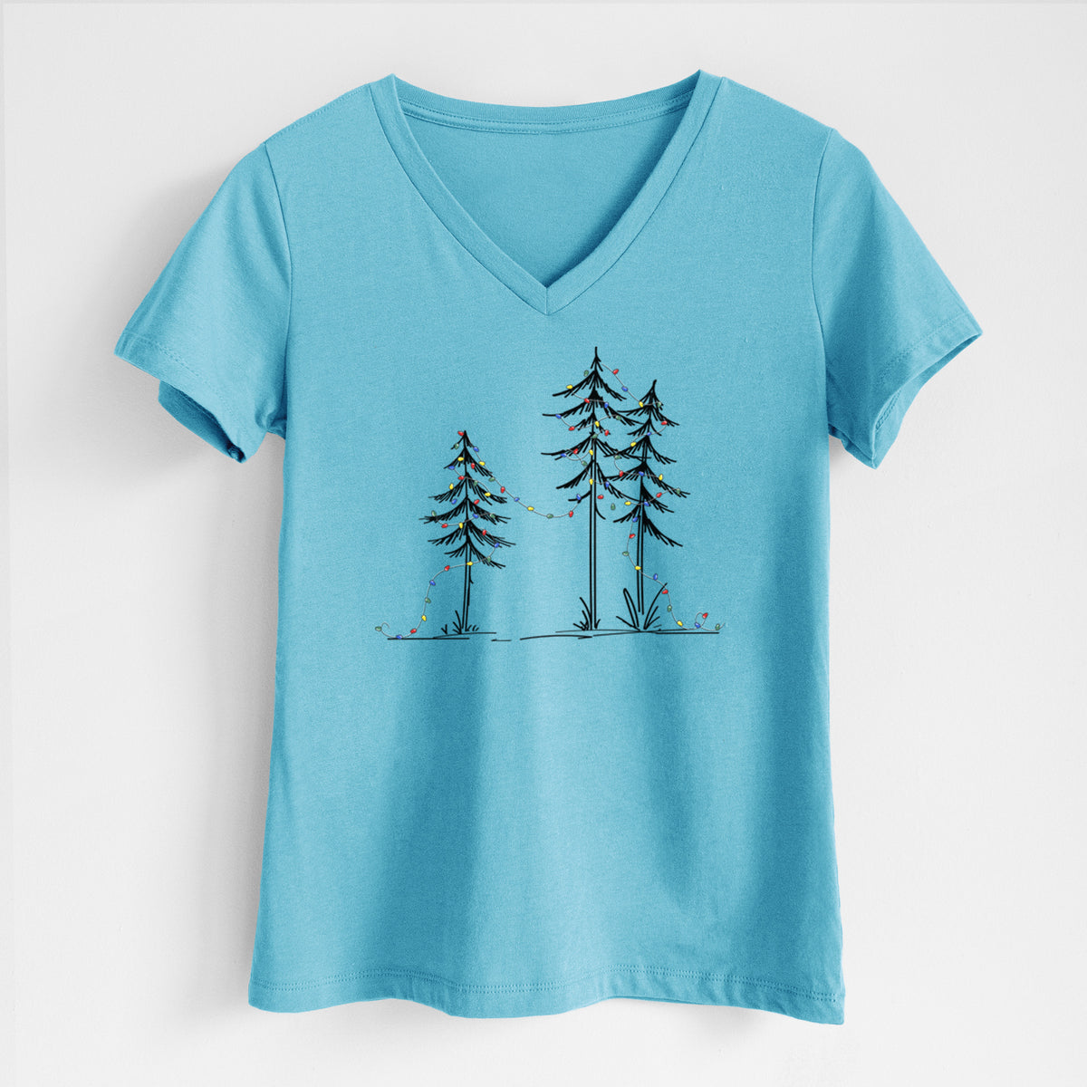 Christmas Deck the Pines - Women's Lightweight Relaxed Fit 100% Cotton V-neck in Turquoise, on a hanger