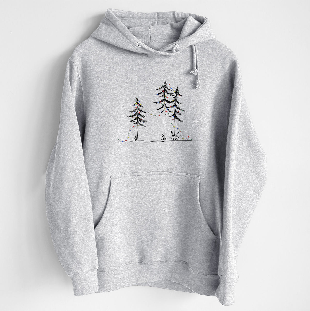 Gray hoodie with christmas lights strung trees design on a plain background
