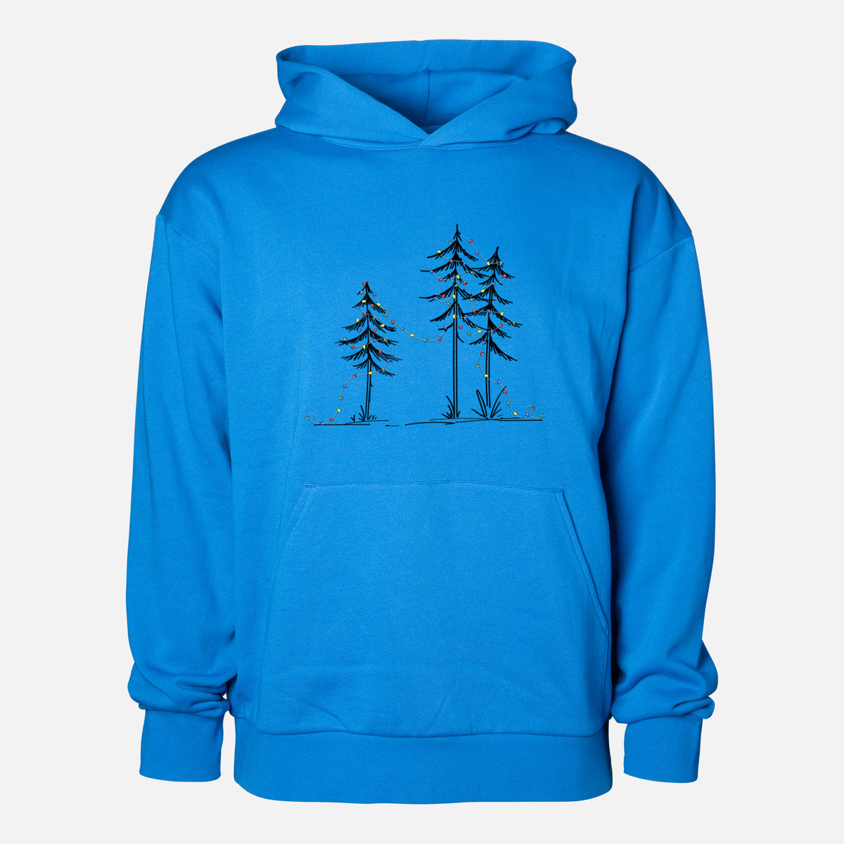 Deck the Pines - Statement Midweight Hoodie in Azure Blue, shown from the front with the design printed on the chest above a front kangaroo pocket.