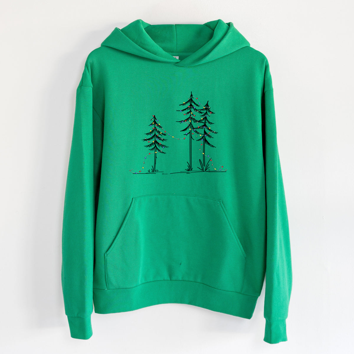 Deck the Pines - Statement Midweight Hoodie in Kelly Green, hanging on a white wall, with a front kangaroo pocket and no drawcords.