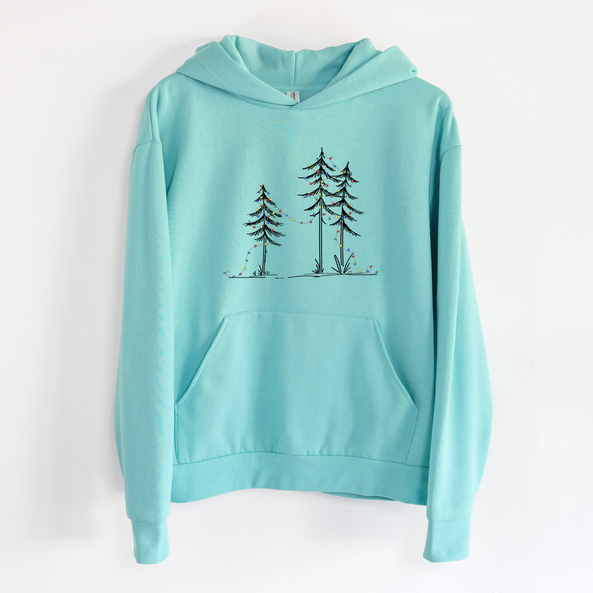 Deck the Pines - Statement Midweight Hoodie in Seafoam, hanging on a white wall, with a front kangaroo pocket and no drawcords.