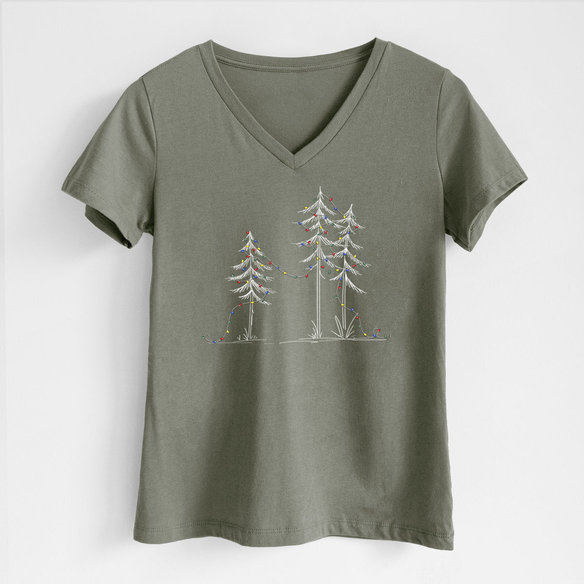 Christmas Deck the Pines - Women's Lightweight Relaxed Fit 100% Cotton V-neck in Military Green, on a hanger