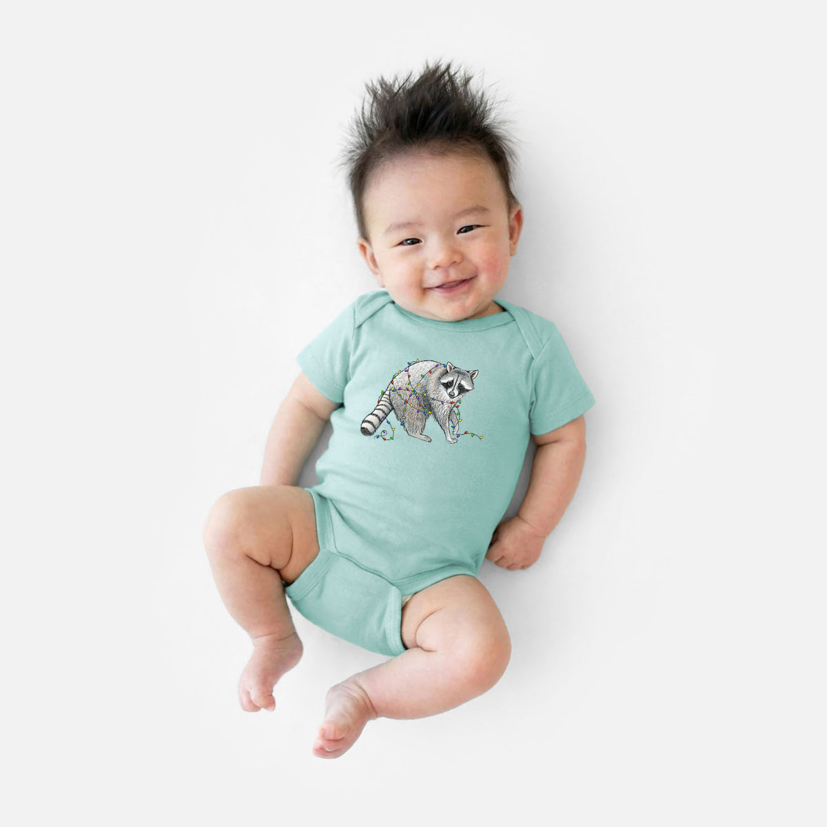 Christmas Raccoon - Baby Fine Jersey Bodysuit in Saltwater, worn by model
