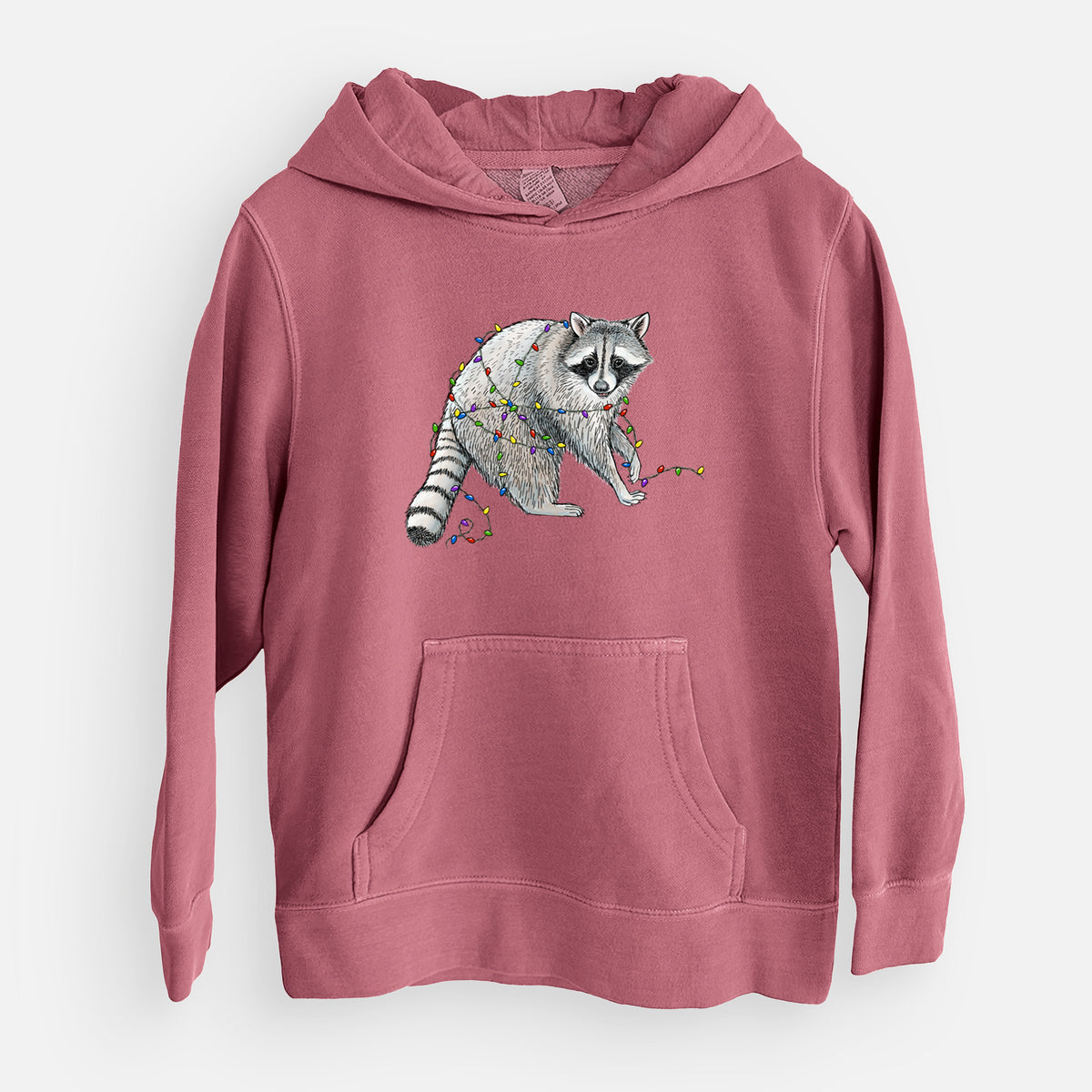 Christmas Raccoon - Youth Pigment Dyed Hoodie in Maroon