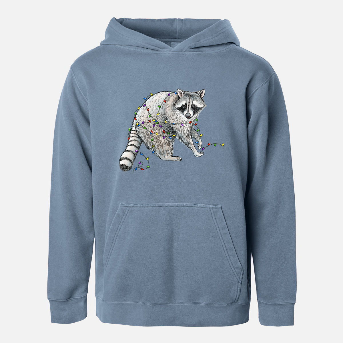 Christmas Raccoon - Youth Pigment Dyed Hoodie in Slate Blue
