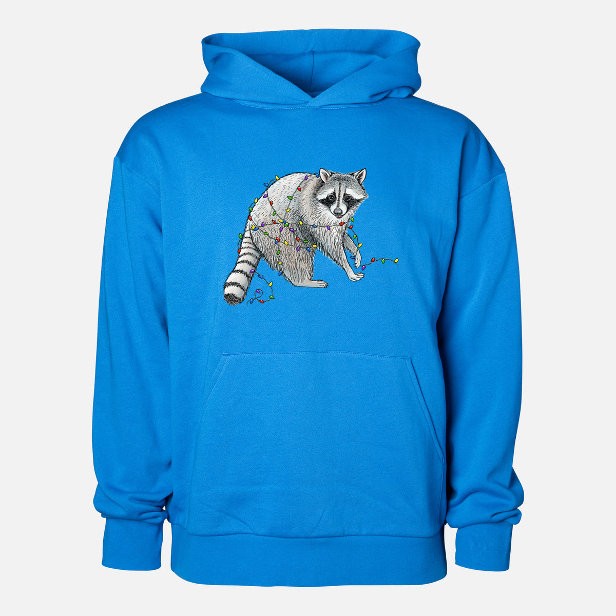 Christmas Raccoon - Statement Midweight Hoodie in Azure Blue, shown from the front with the design printed on the chest above a front kangaroo pocket.