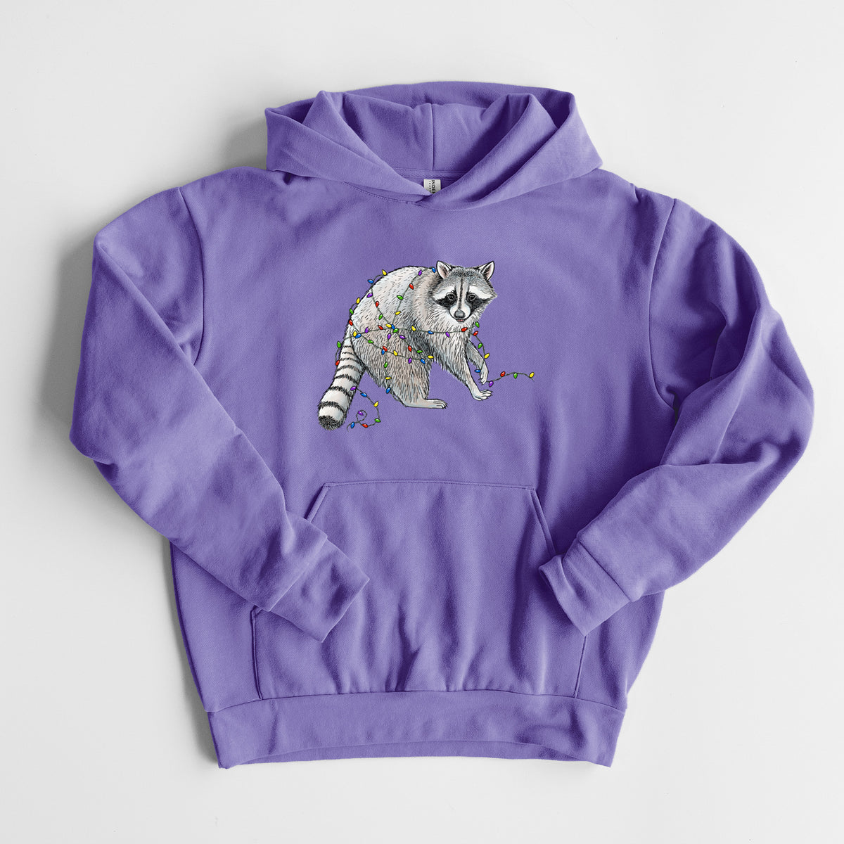 Christmas Raccoon - Statement Midweight Hoodie in Violet, laid flat, showing the oversized boxy fit and front kangaroo pocket.