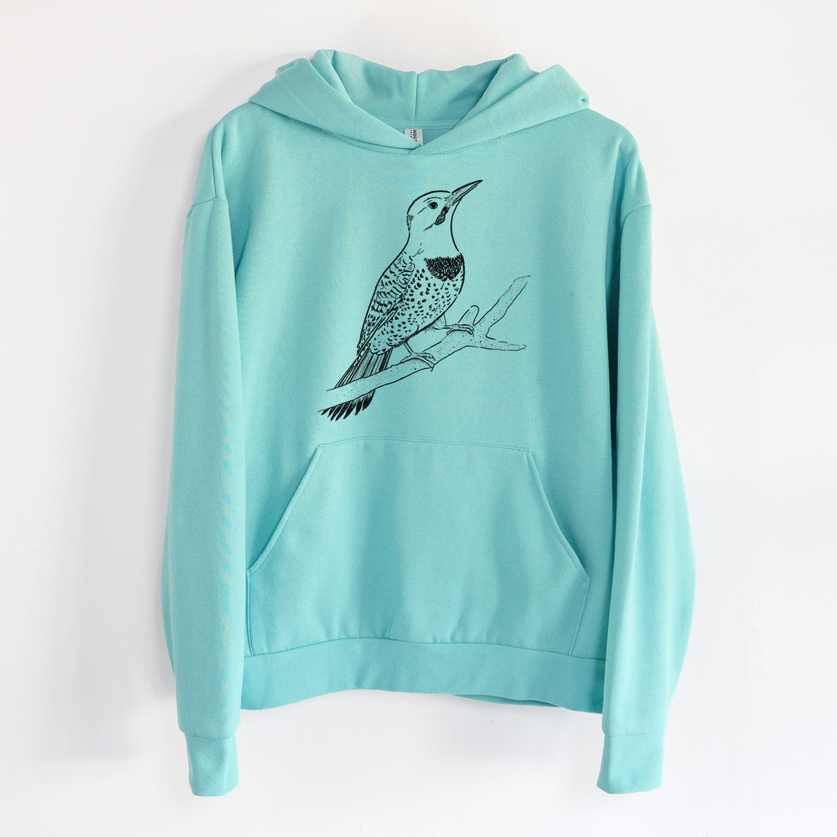 Northern Flicker (Yellow-shafted) - Colaptes auratus - Statement Midweight Hoodie in Seafoam, hanging on a white wall, with a front kangaroo pocket and no drawcords.