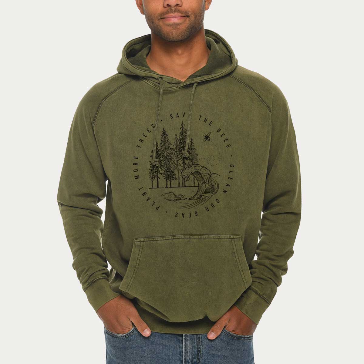 Save the Bees, Clean our Seas, Plant more Trees  - Mid-Weight Unisex Vintage 100% Cotton Hoodie