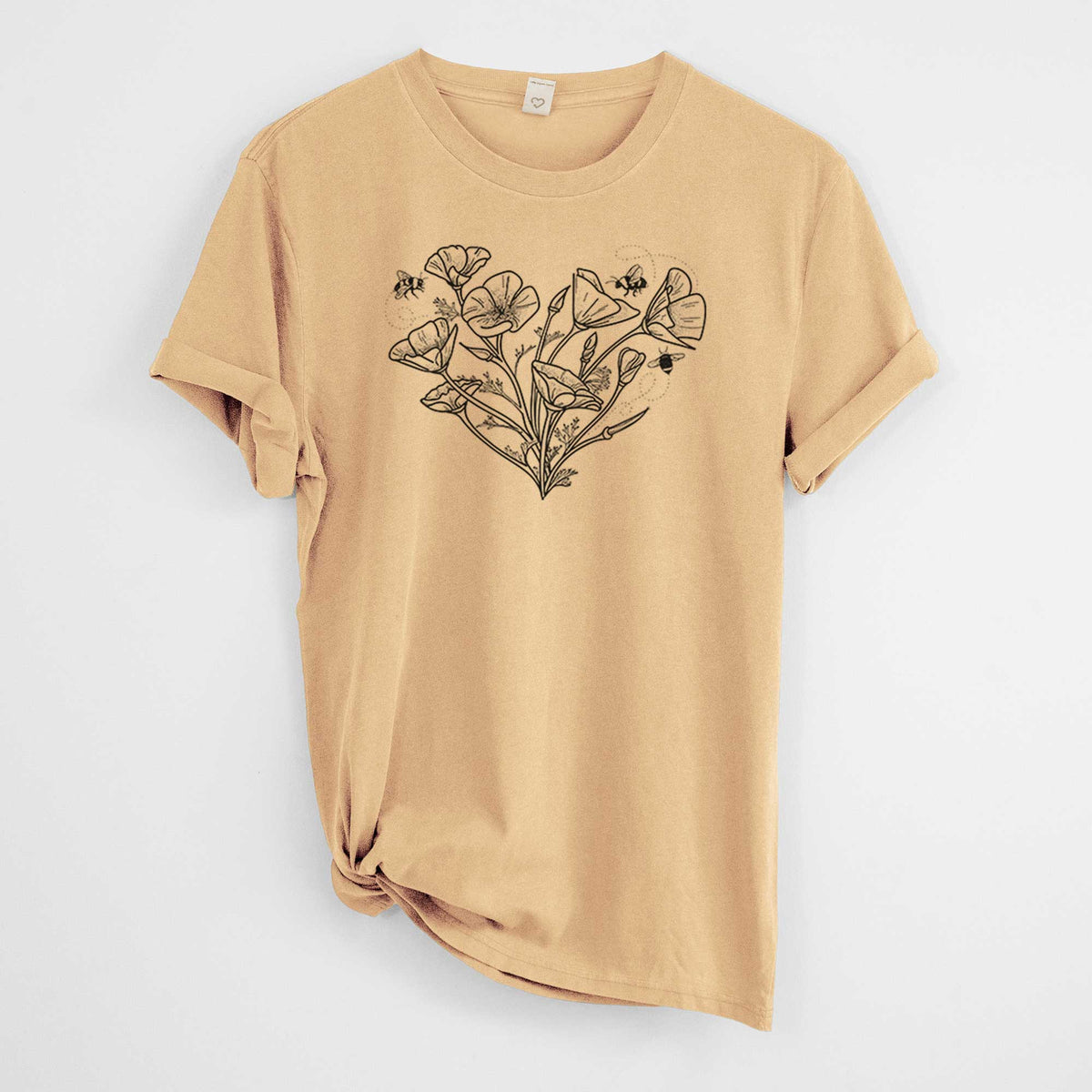 California Poppy Heart -  Mineral Wash 100% Organic Cotton Short Sleeve