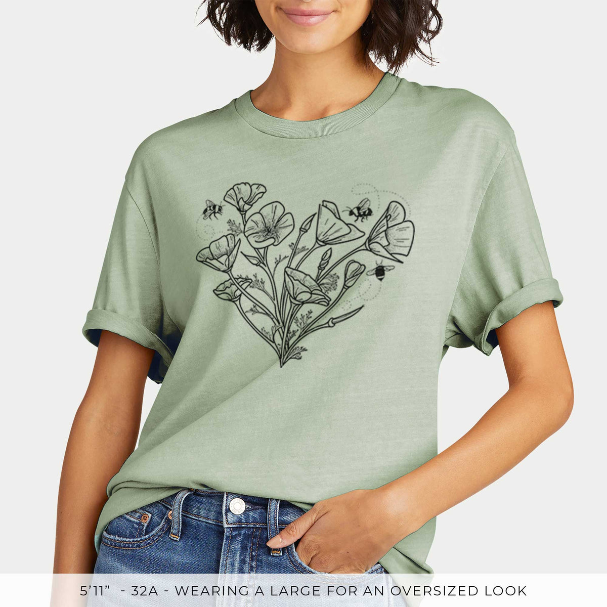 California Poppy Heart -  Mineral Wash 100% Organic Cotton Short Sleeve