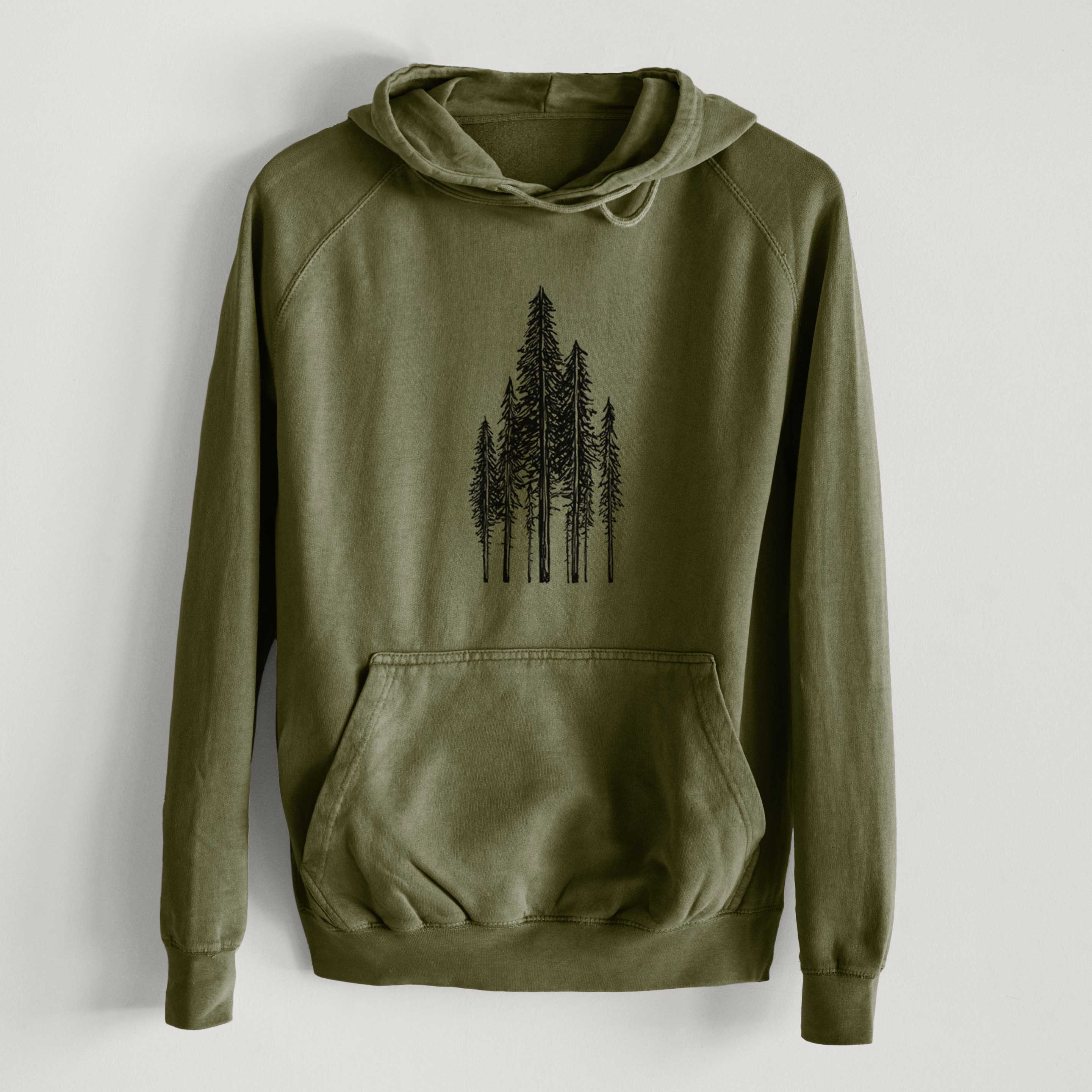 Green hoodie with black tree design on the front.