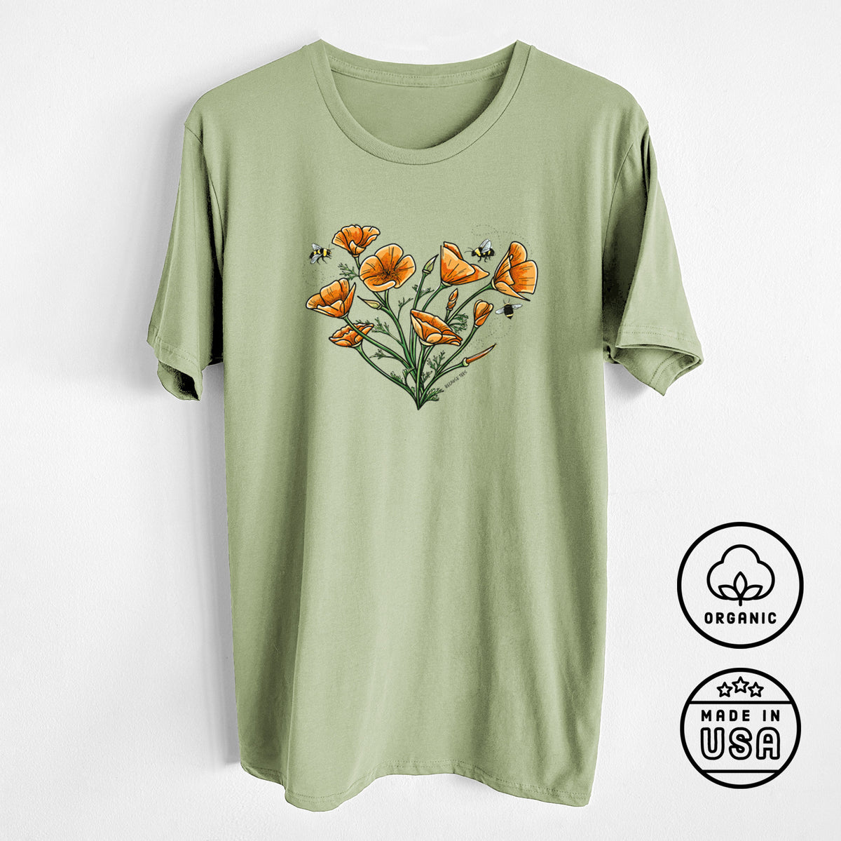 Color California Poppy Heart - Unisex Crewneck - Made in USA - 100% Organic Cotton
