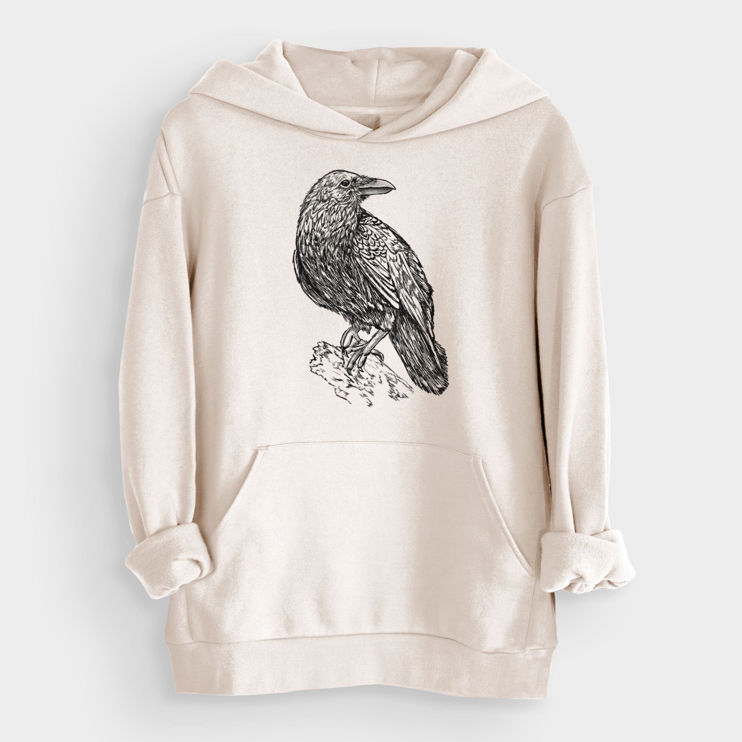 Beige hoodie with a black raven illustration on the front.