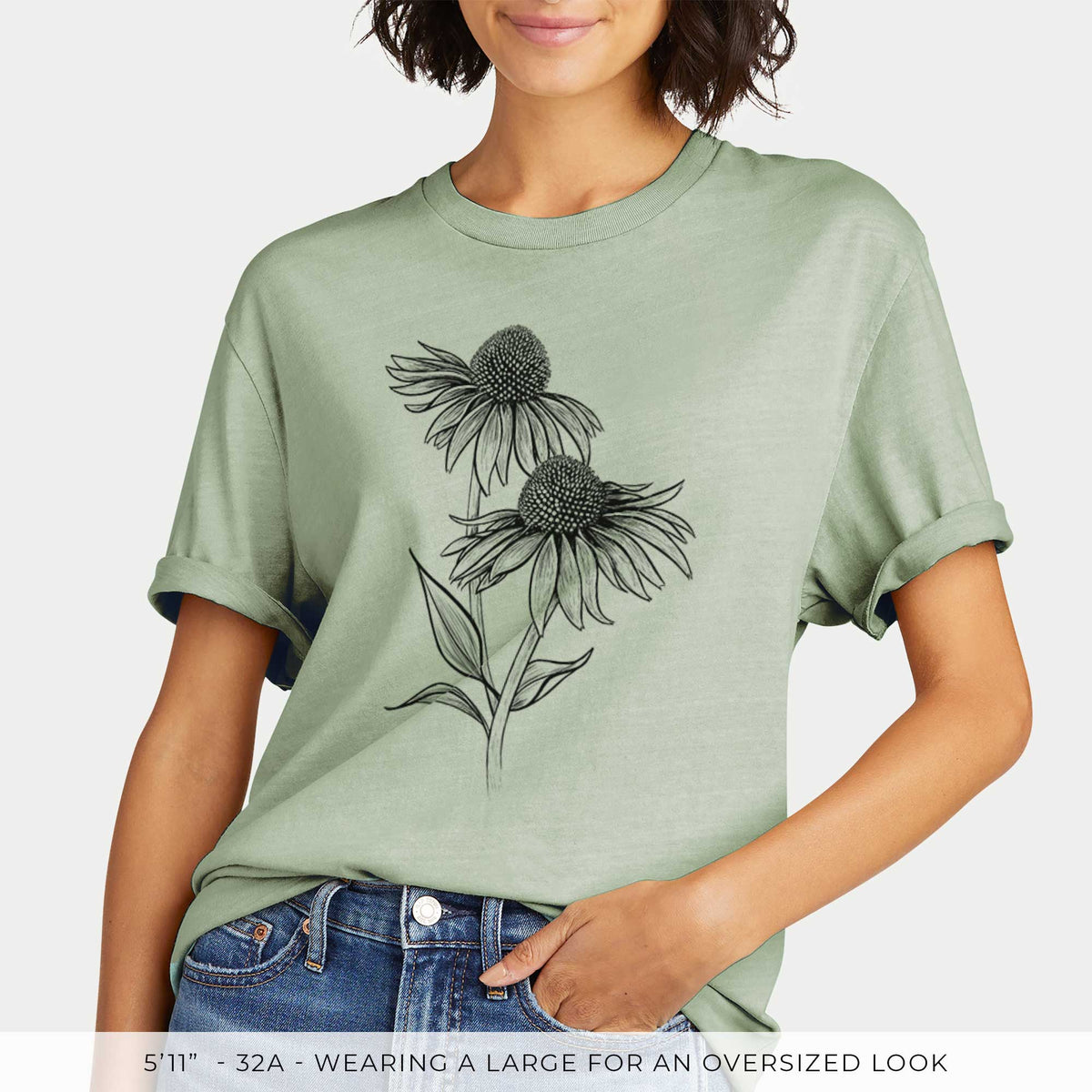 Coneflower - Echinacea purpurea -  Mineral Wash 100% Organic Cotton Short Sleeve