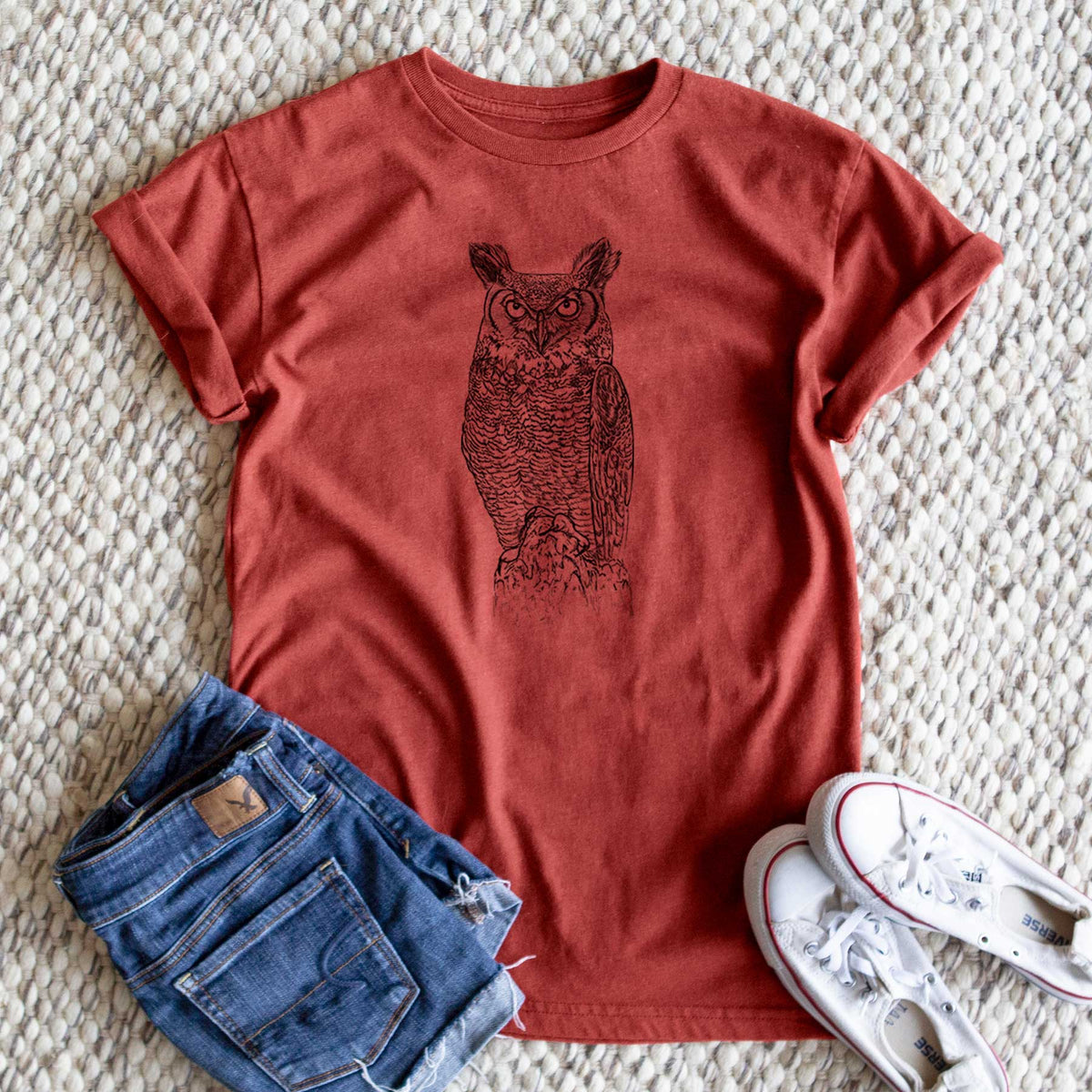 Bubo virginianus - Great Horned Owl - Unisex Recycled Eco Tee  - CLOSEOUT - FINAL SALE