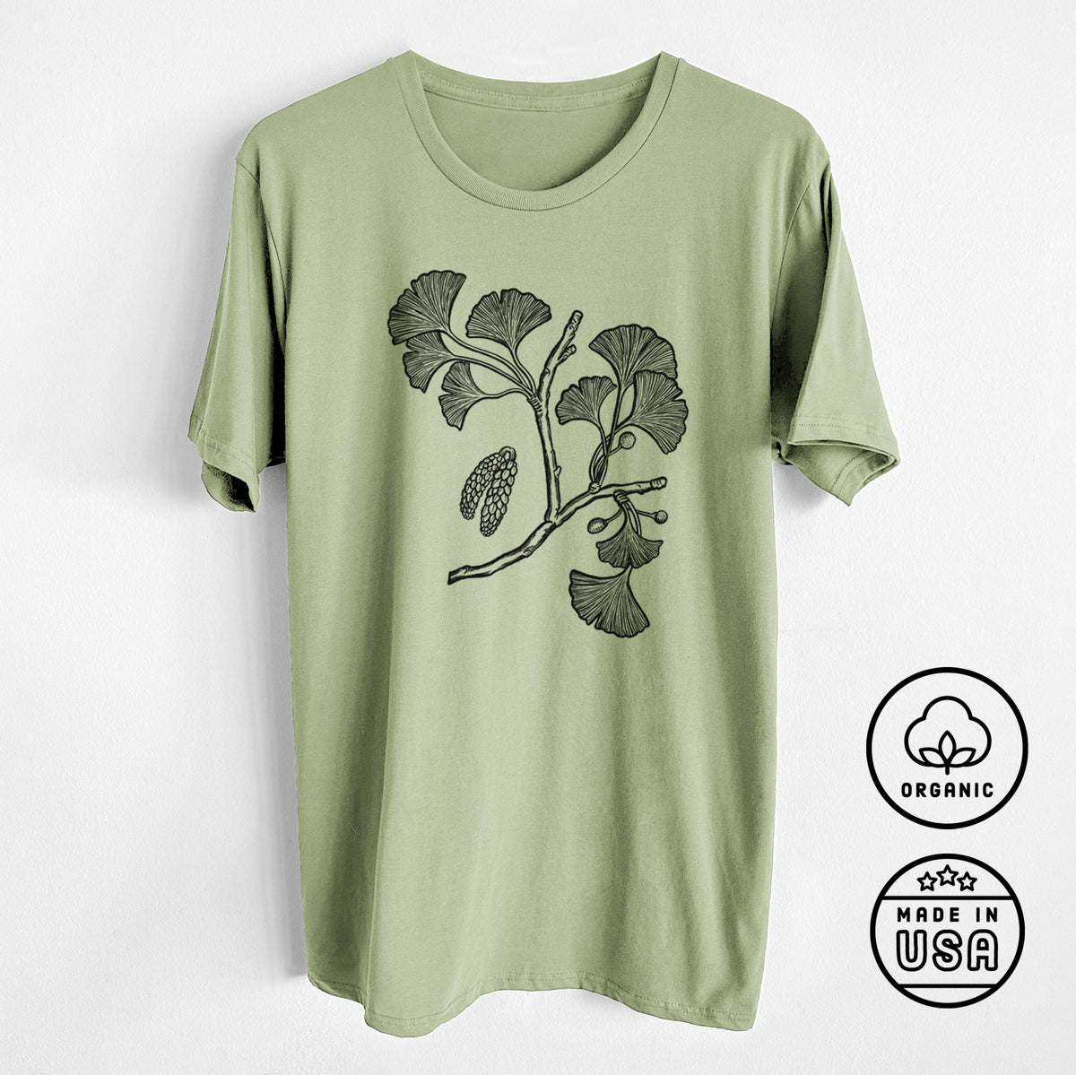 Ginkgo Biloba - Ginkgo Tree Stem with Leaves - Unisex Crewneck - Made in USA - 100% Organic Cotton