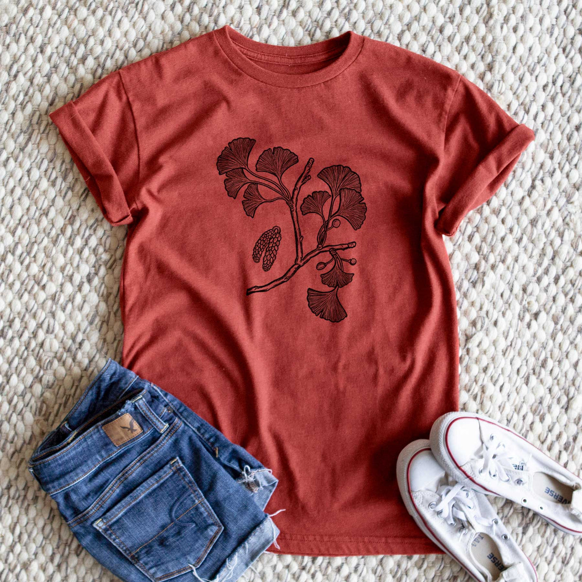 Ginkgo Biloba - Ginkgo Tree Stem with Leaves - Unisex Recycled Eco Tee  - CLOSEOUT - FINAL SALE