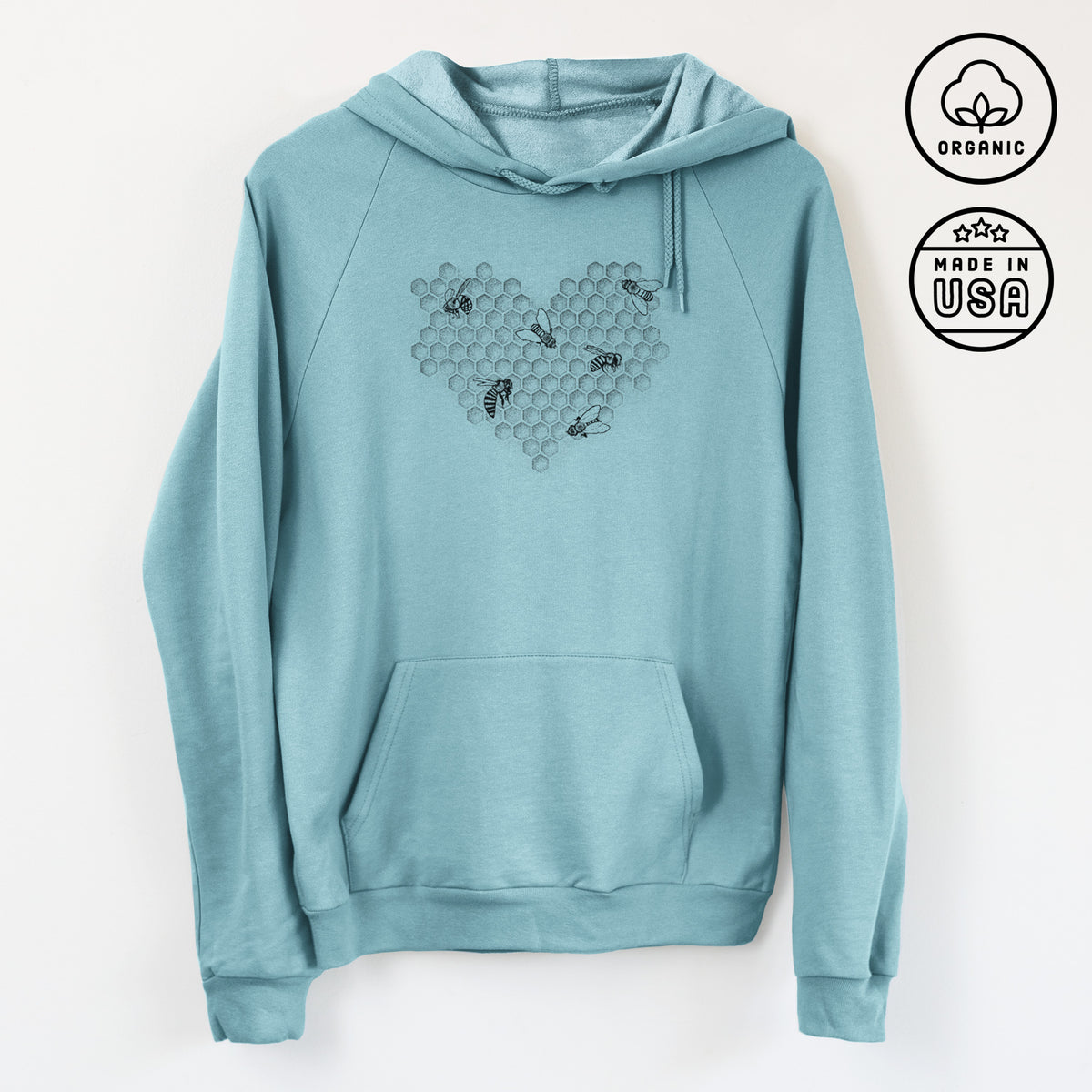 Honeycomb Heart with Bees - Unisex Pullover Hoodie - Made in USA - 100% Organic Cotton