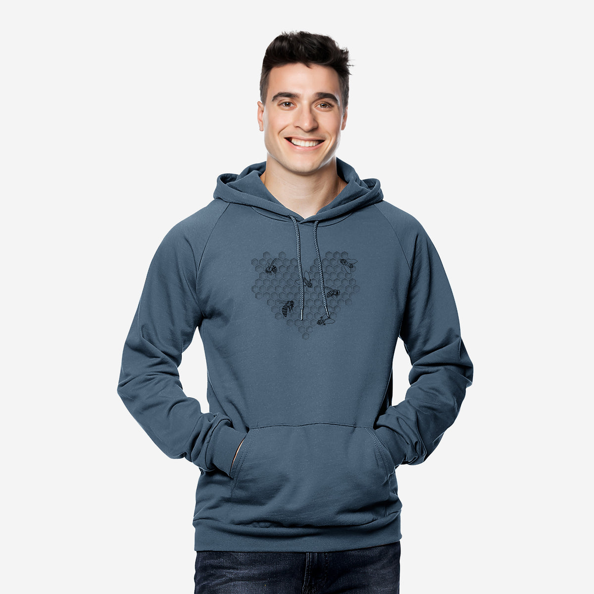 Honeycomb Heart with Bees - Unisex Pullover Hoodie - Made in USA - 100% Organic Cotton