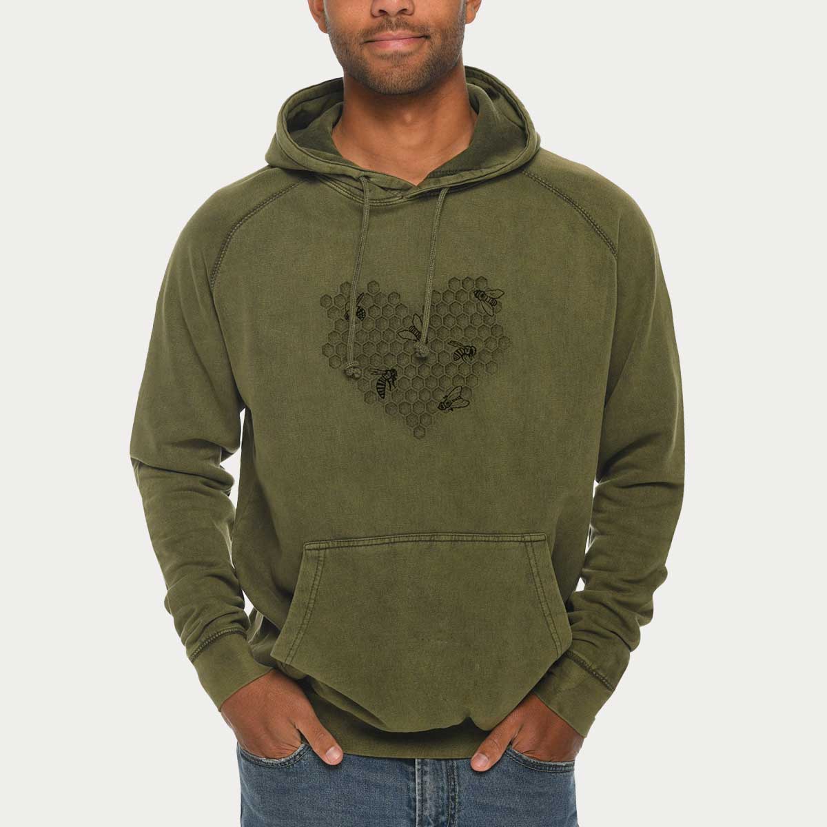 Honeycomb Heart with Bees  - Mid-Weight Unisex Vintage 100% Cotton Hoodie