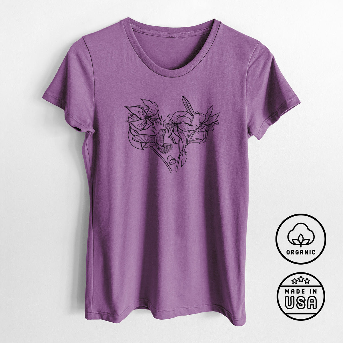 Hummingbird with Lillies Heart - Women&#39;s Crewneck - Made in USA - 100% Organic Cotton