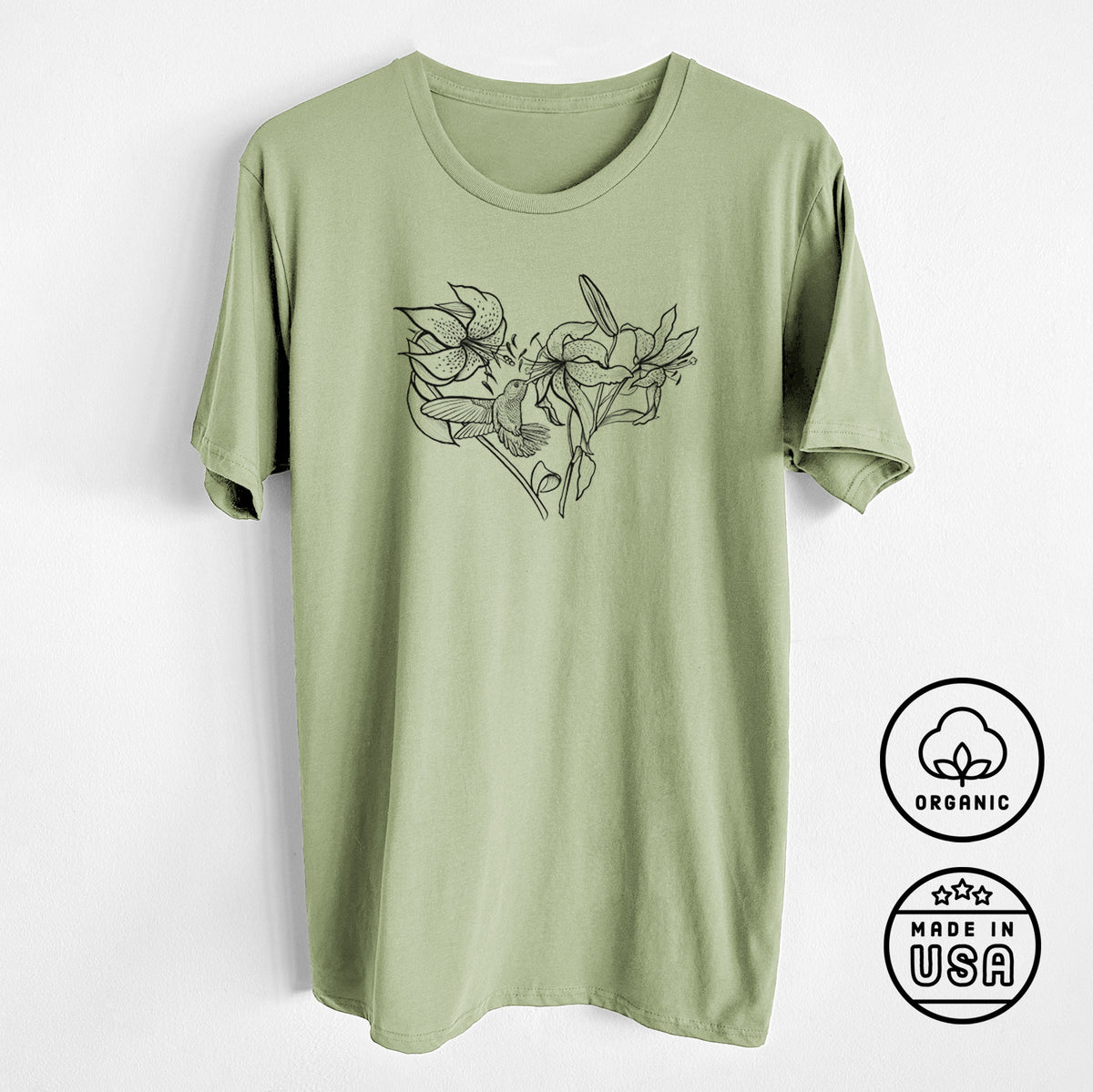 Hummingbird with Lillies Heart - Unisex Crewneck - Made in USA - 100% Organic Cotton