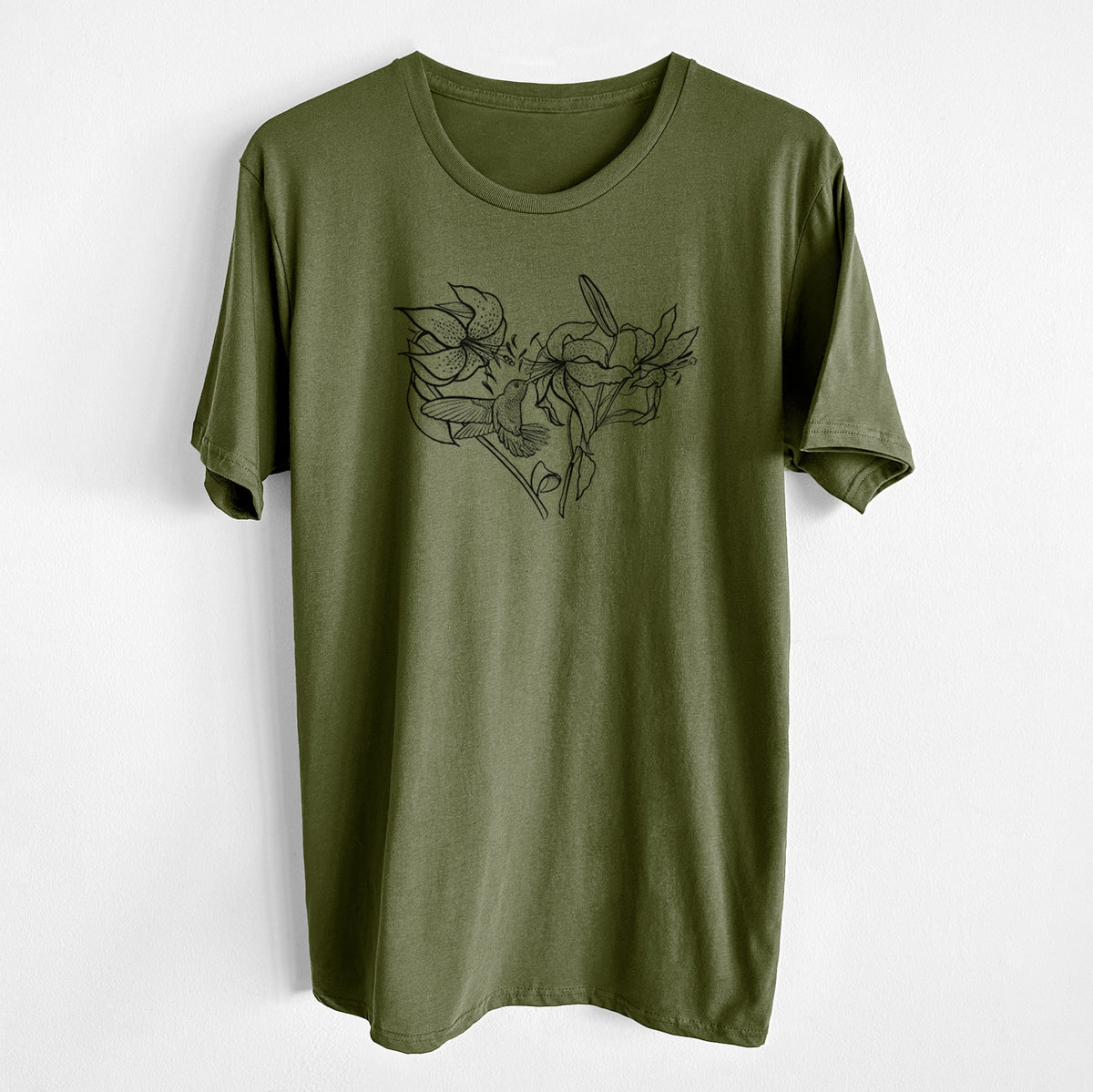 Hummingbird with Lillies Heart - Unisex Crewneck - Made in USA - 100% Organic Cotton