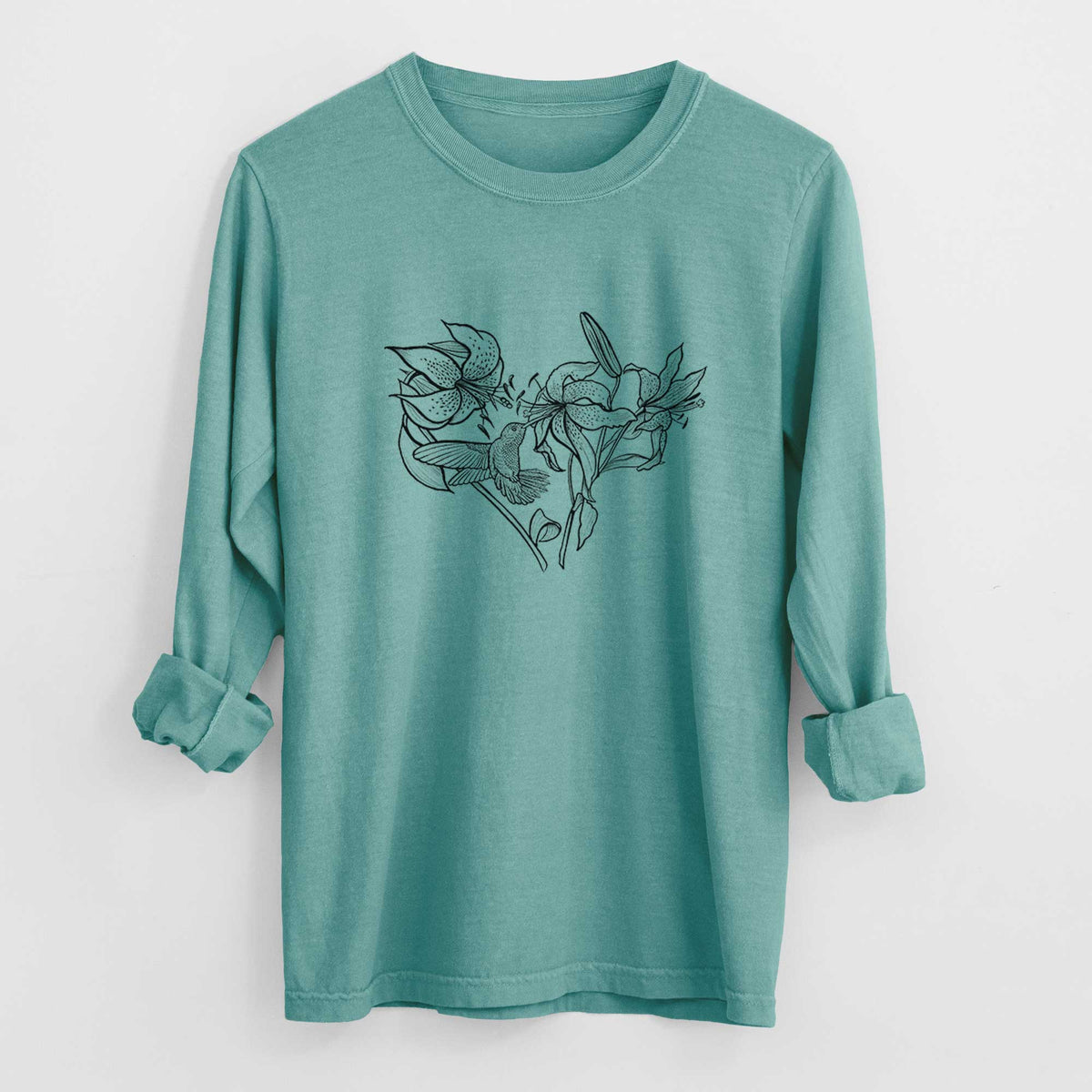 Hummingbird with Lillies Heart - Heavyweight 100% Cotton Long Sleeve