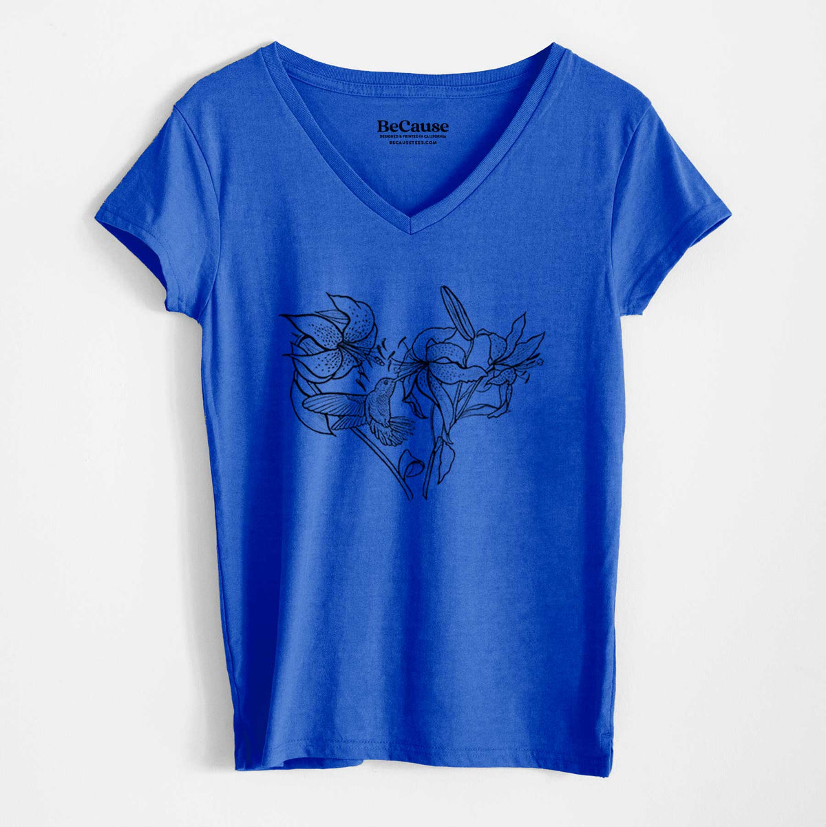 Hummingbird with Lillies Heart - Women&#39;s 100% Recycled V-neck