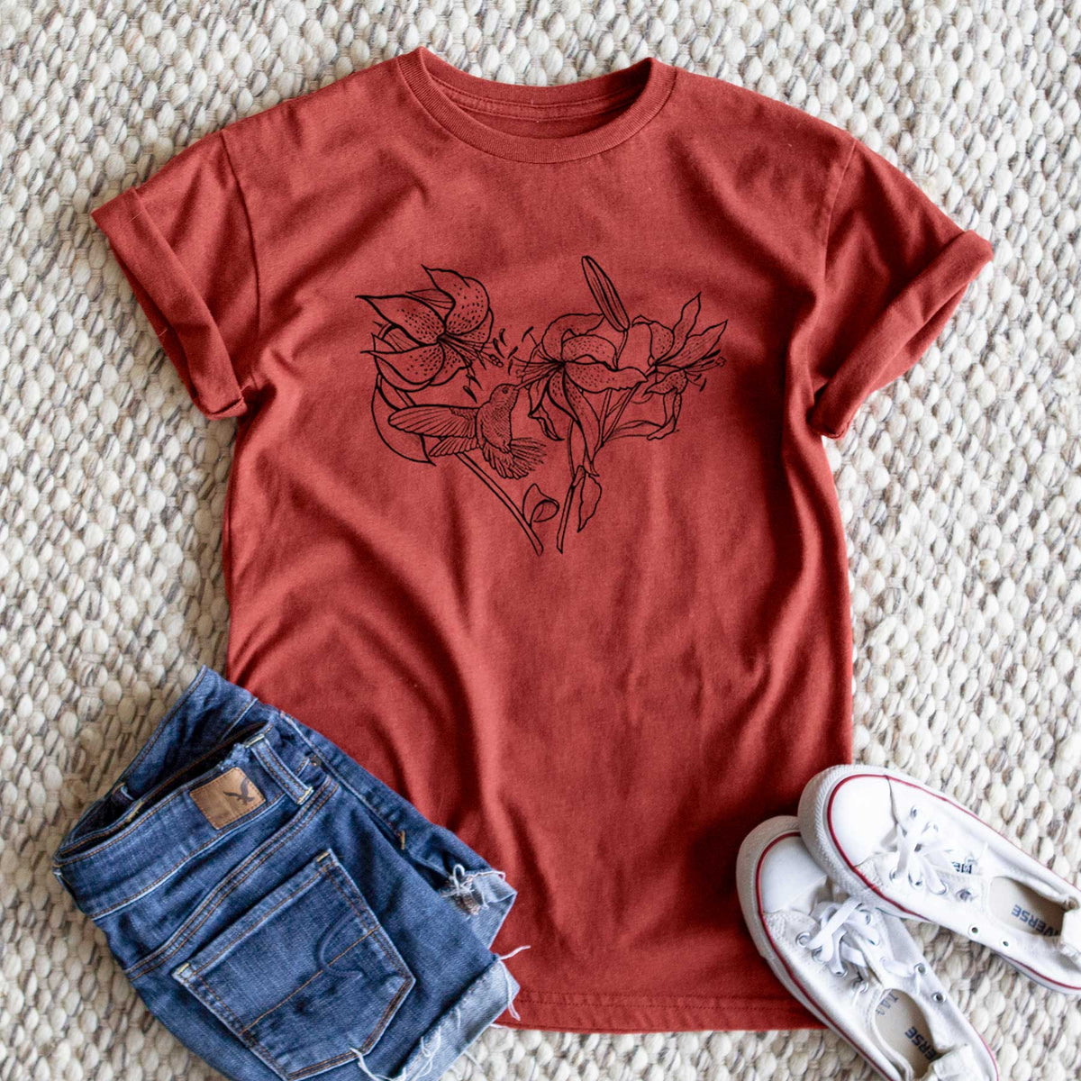 Hummingbird with Lillies Heart - Unisex Recycled Eco Tee  - CLOSEOUT - FINAL SALE